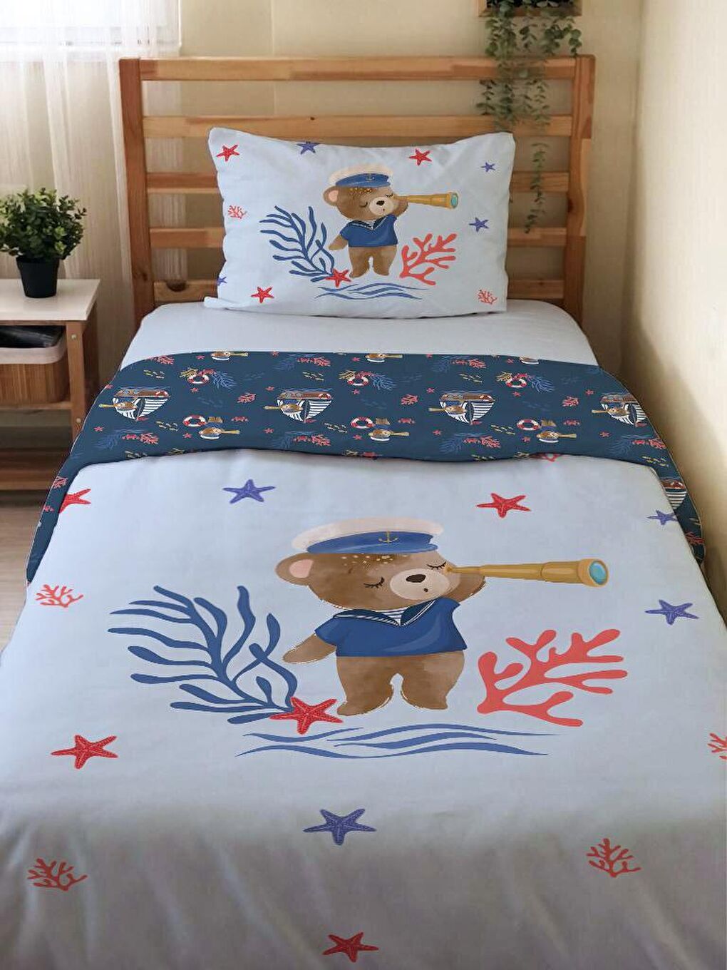 Karışık Çift Taraflı Ayıcık Desenli Çarşafsız Takım Tek Kişilik Nevresim Takımı 160x220 Cm