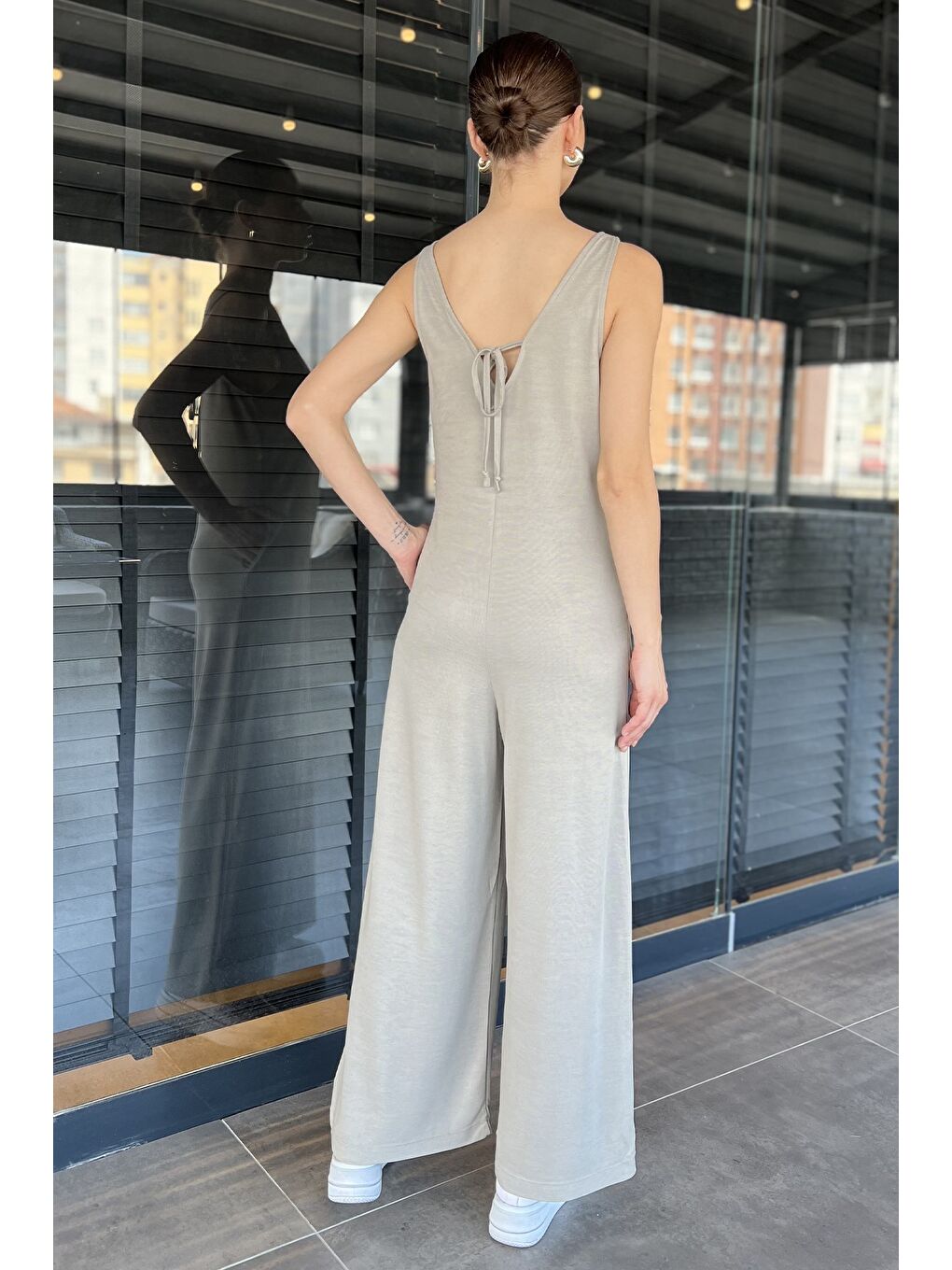 Gri Kadın Cepli Bol Paça Tulum-2