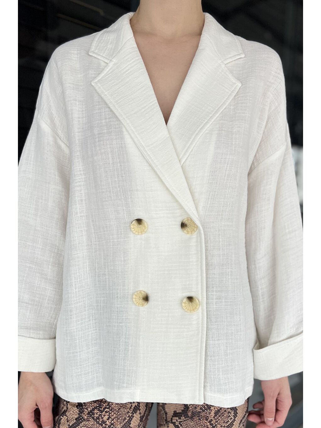 Ekru Kadın Duble Kol Keten Ceket-3