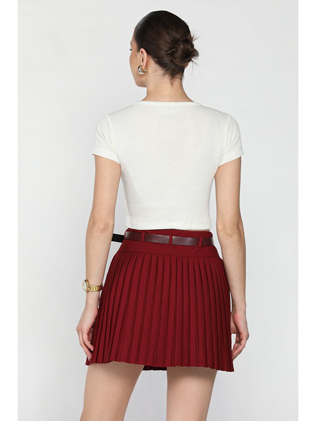 Bordo Kadın Bel Kemer Detaylı Pileli Şortlu Mini Etek-2