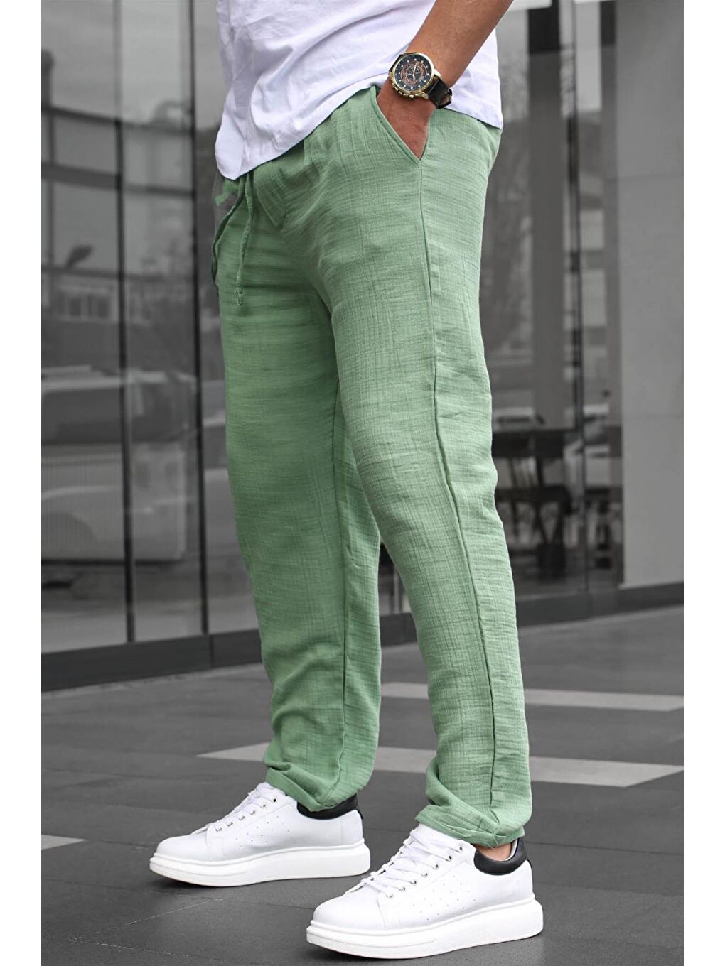 Yeşil Müslin Kumaş Erkek Basic %100 Pamuk Pantolon 6507-1