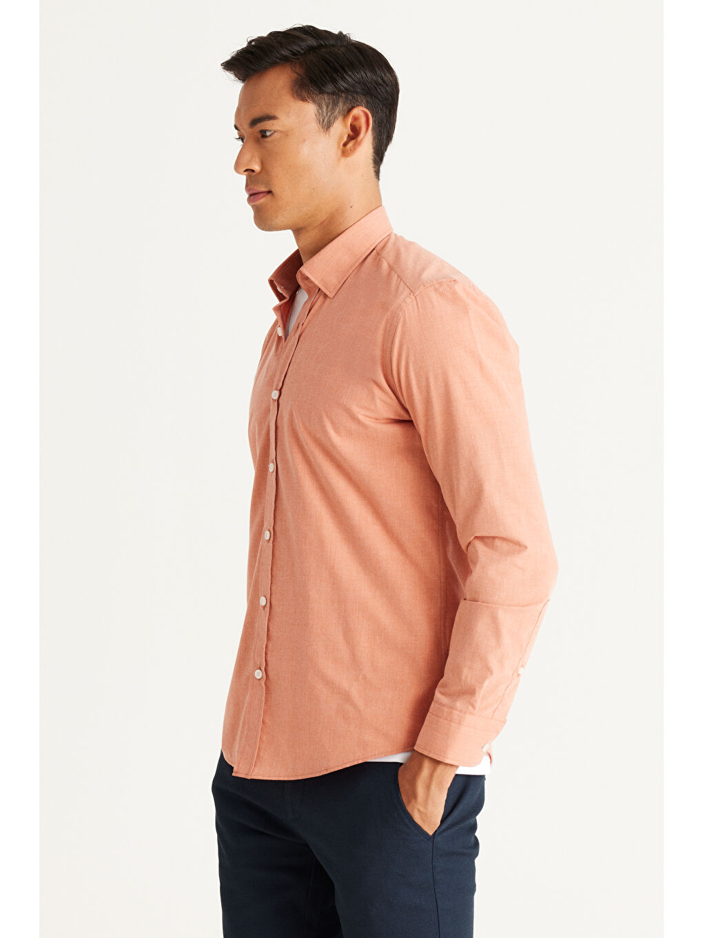 Erkek Turuncu Slim Fit Dar Kesim Gizli Düğme Yaka Gömlek-3