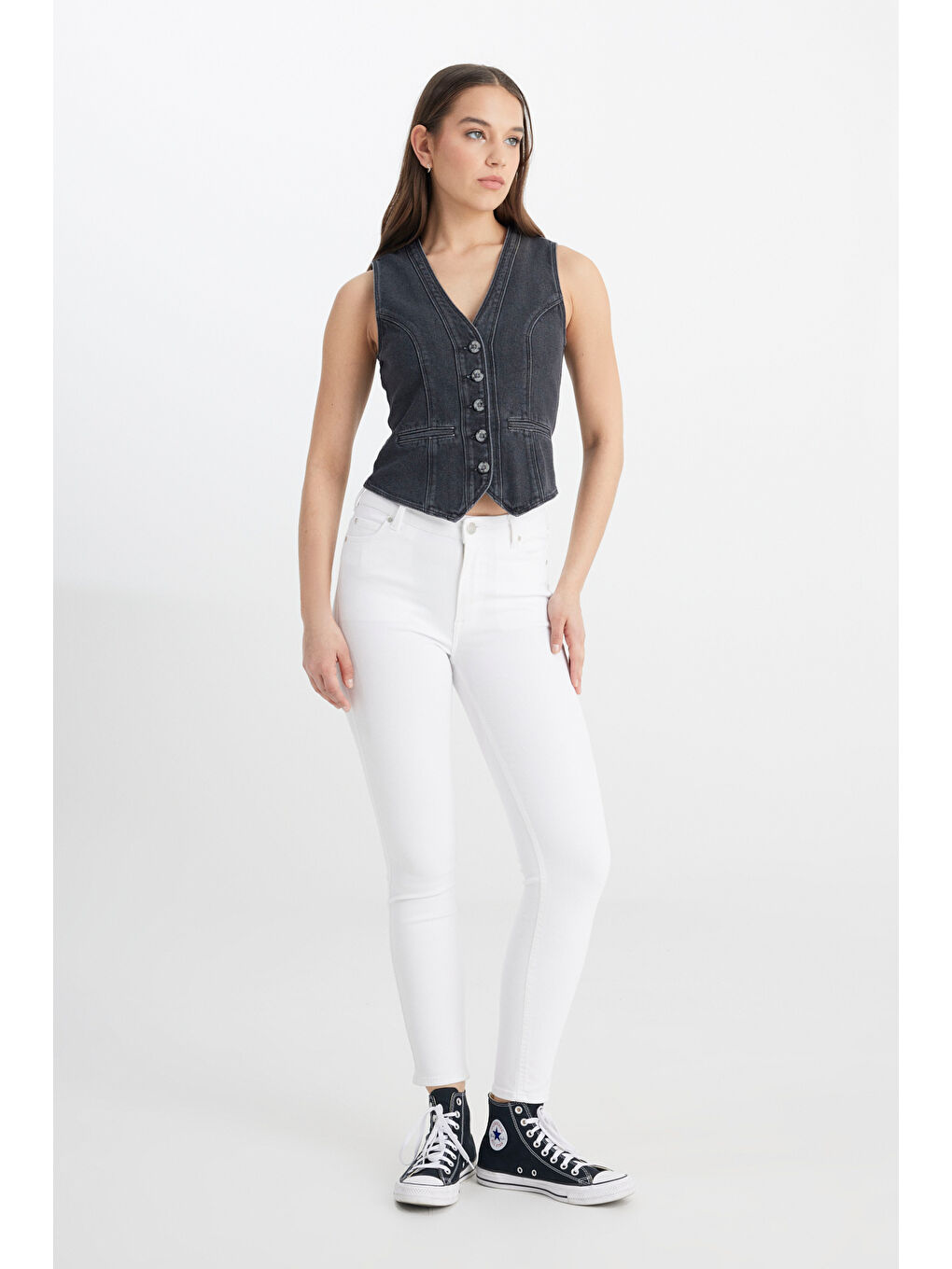 Beyaz Skinny Fit Yüksek Bel Çok Dar Paça Jean Pantolon