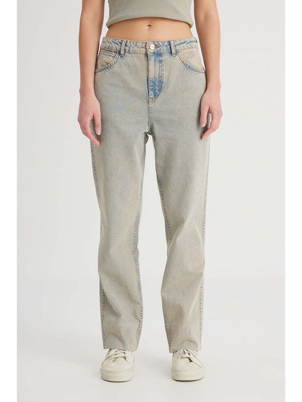 Bej Regular Fit Normal Kesim Yüksek Bel Düz Paça %100 Pamuk Wild West Taş Rengi Jean Jean Pantolon-5