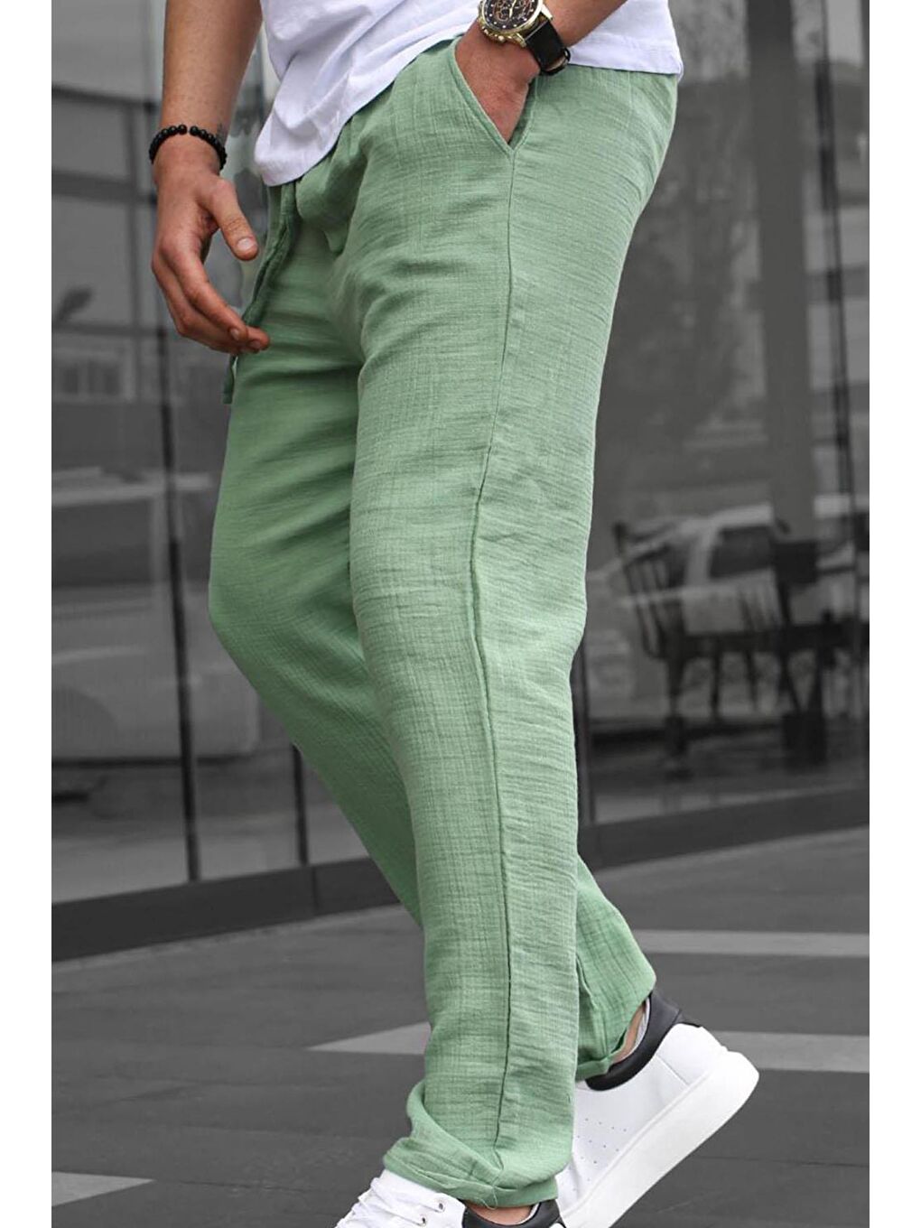 Yeşil Müslin Kumaş Erkek Basic %100 Pamuk Pantolon 6507-2