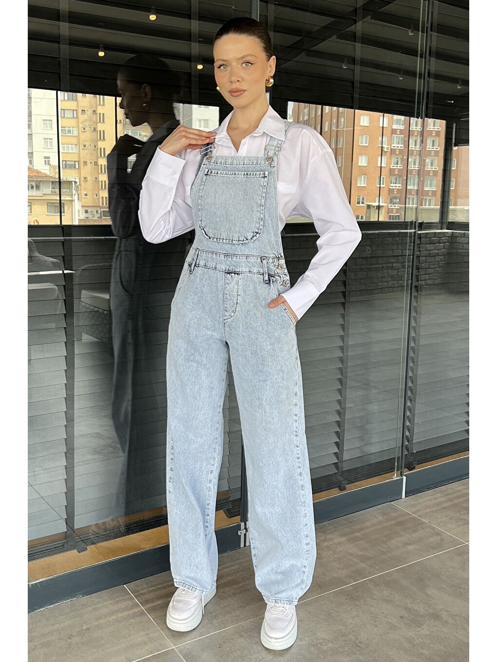 Mavi Cep Detaylı Kadın Jean Salopet Tulum-2