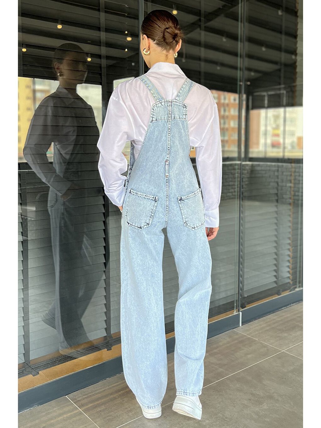 Mavi Cep Detaylı Kadın Jean Salopet Tulum-3