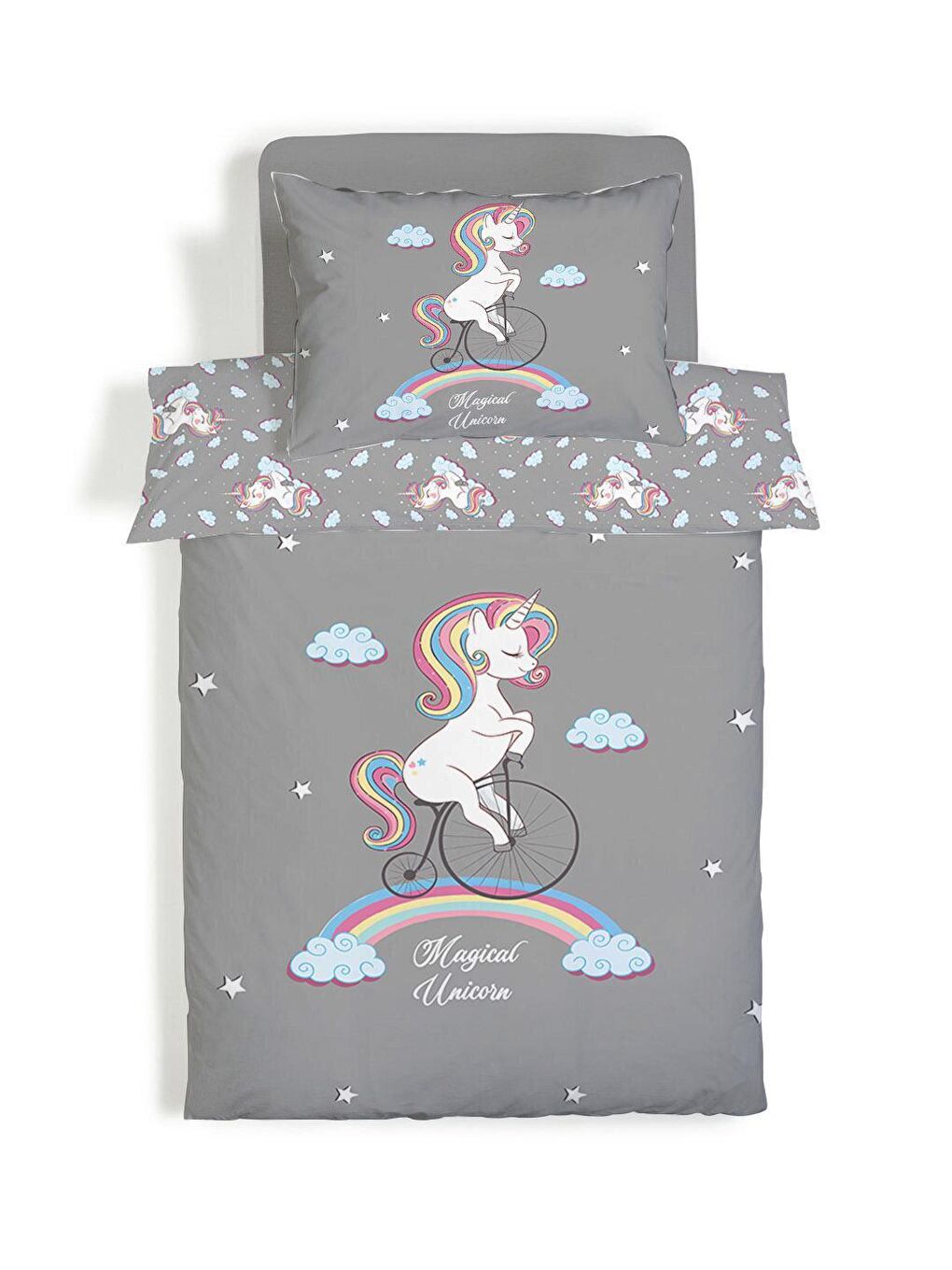 EVMİLA Karışık Çift Taraflı Unicorn Desenli Çarşafsız Takım Tek Kişilik Nevresim Takımı 160x220 Cm - 1