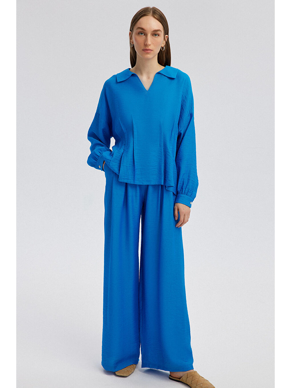 Mavi V Yaka Tunik Pantolon Takım