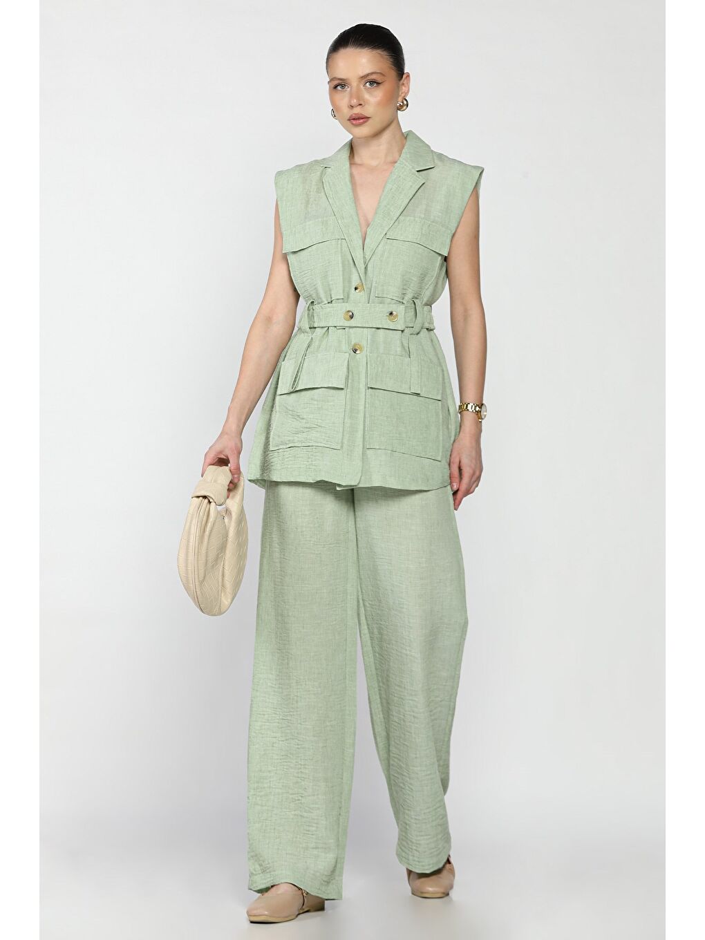 Yeşil Kadın Bel Kuşaklı Yelek Pantolon İkili Takım-1