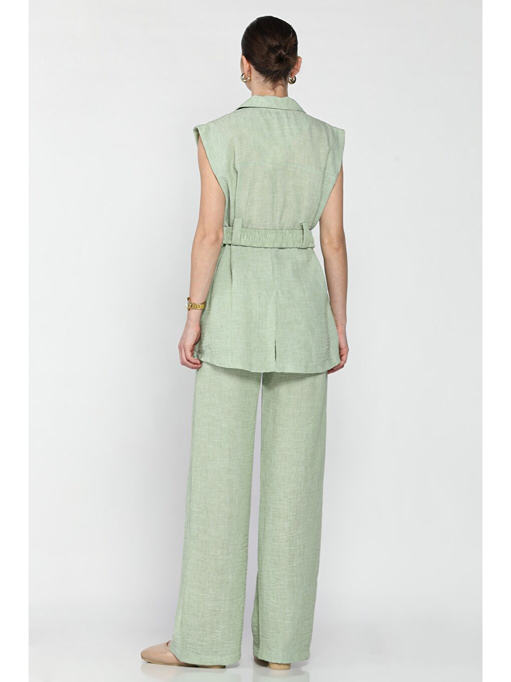 Yeşil Kadın Bel Kuşaklı Yelek Pantolon İkili Takım-2