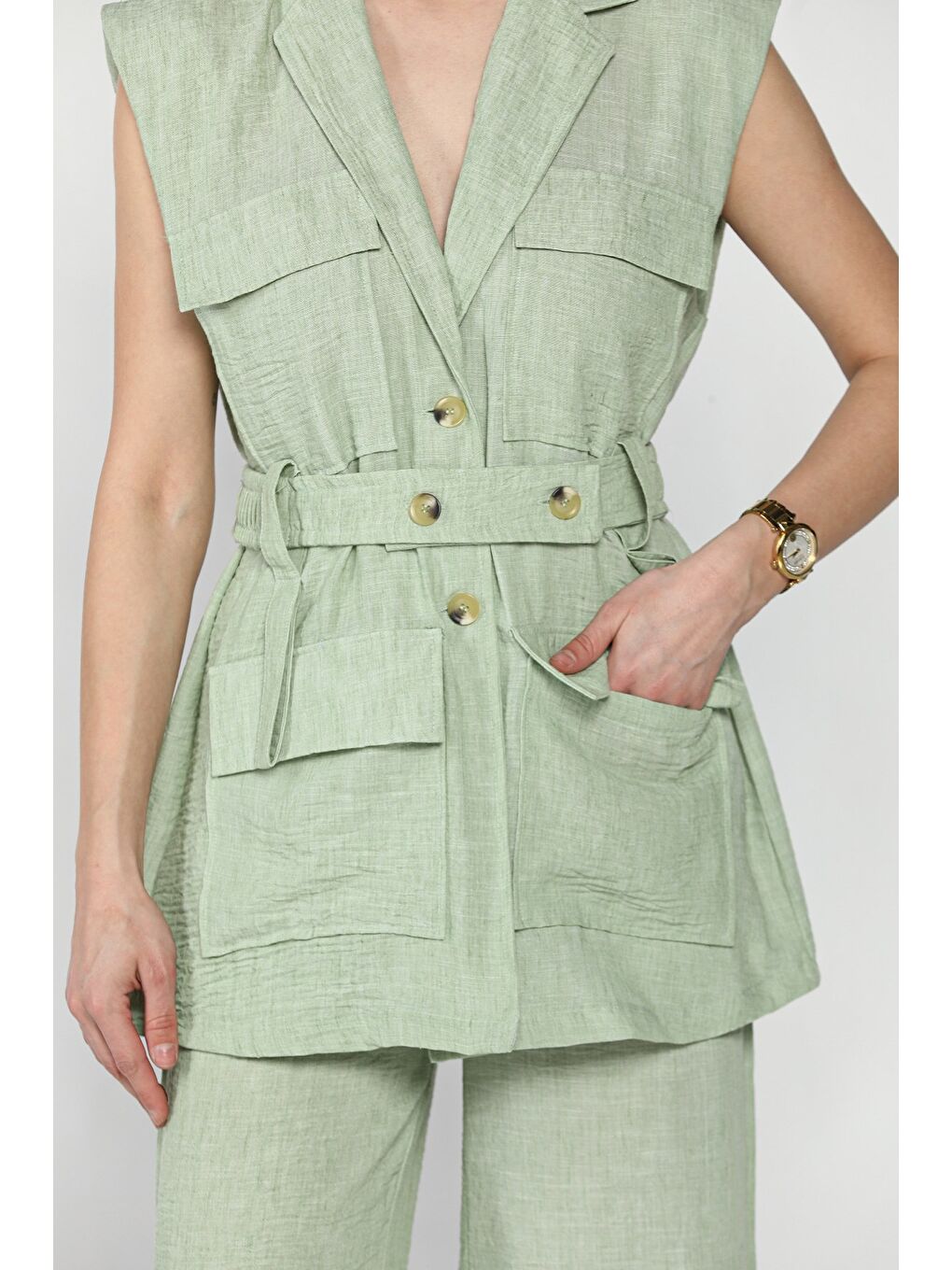 Yeşil Kadın Bel Kuşaklı Yelek Pantolon İkili Takım-3