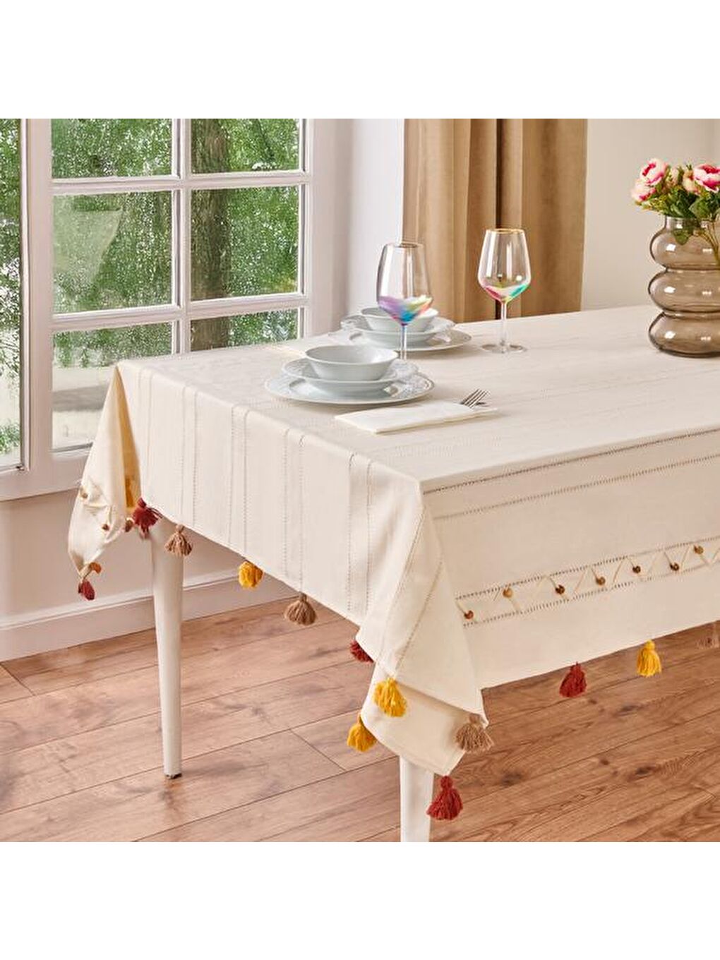 Soft Boncuklu Masa Örtüsü - Ekru - 140x240 cm