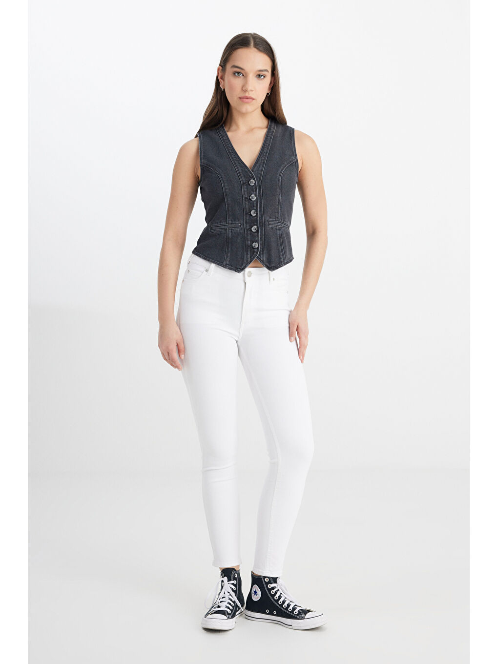 Beyaz Skinny Fit Yüksek Bel Çok Dar Paça Jean Pantolon-1