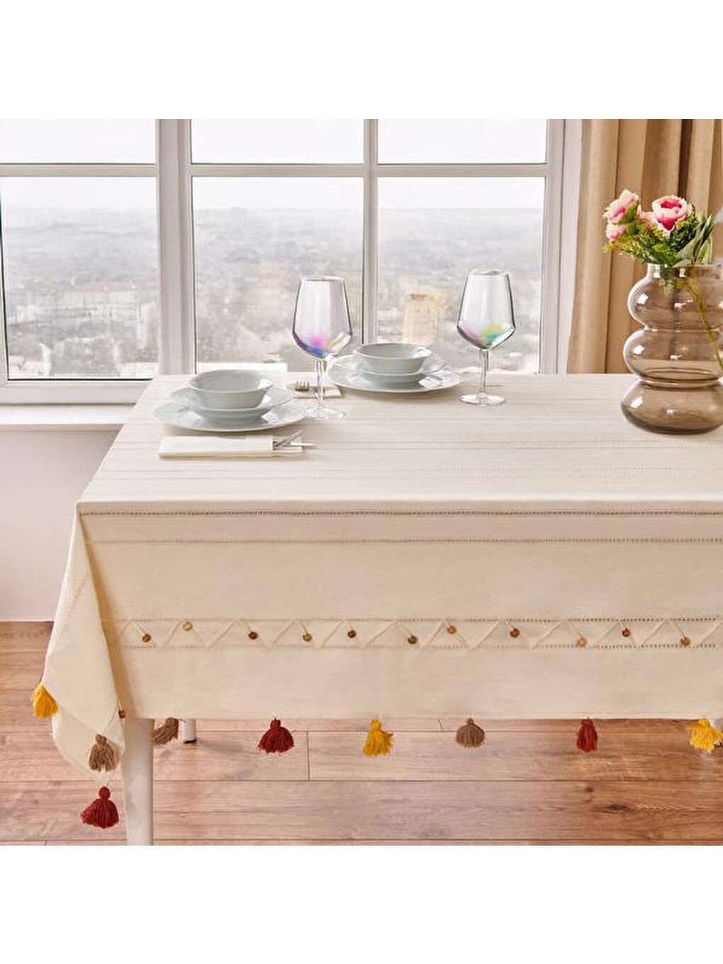 Soft Boncuklu Masa Örtüsü - Ekru - 140x240 cm-4