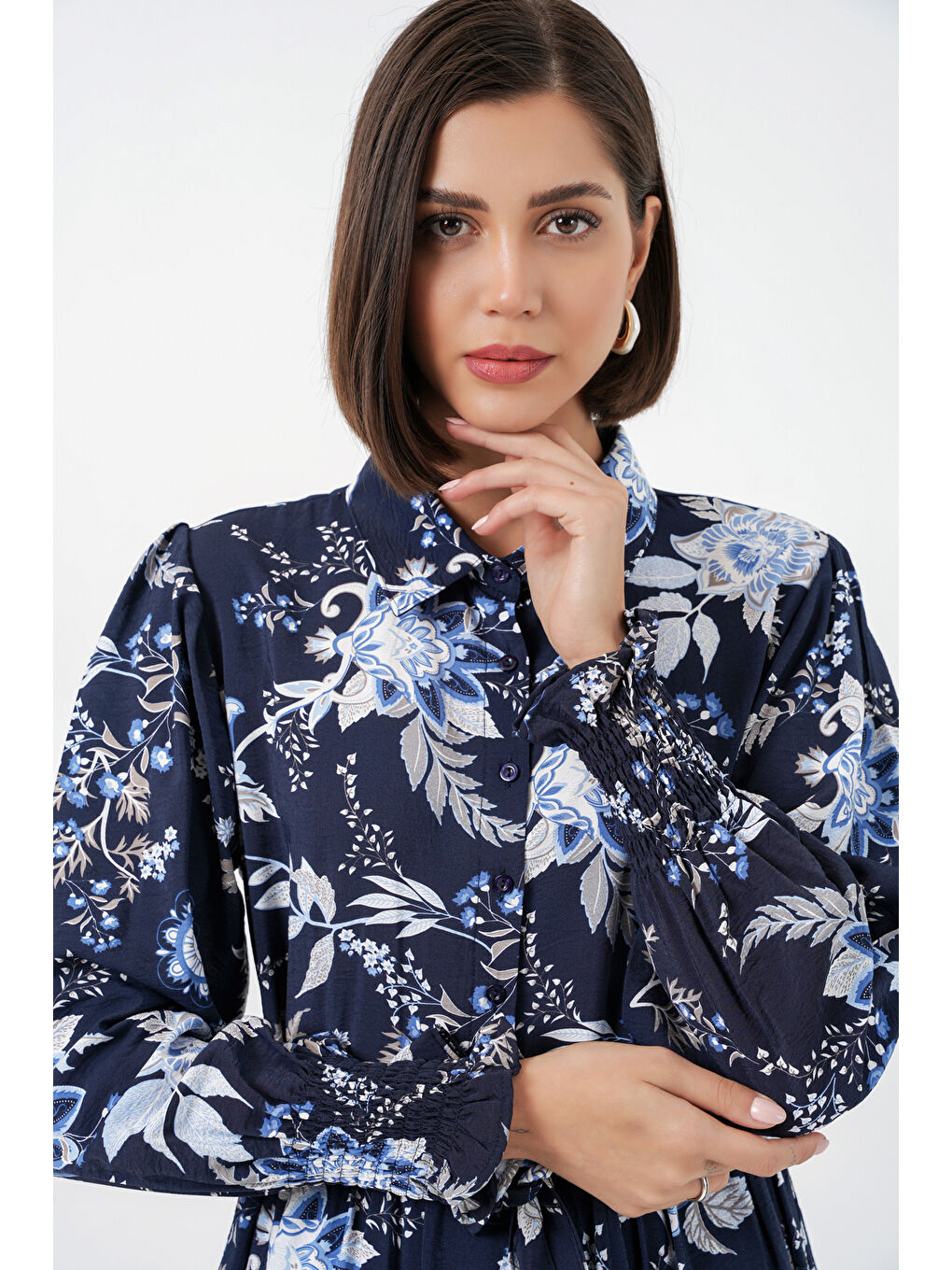 Kadın Kuşaklı Tesettür Elbise 2589 - Lacivert-1