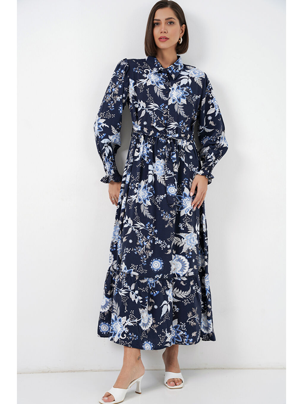 Kadın Kuşaklı Tesettür Elbise 2589 - Lacivert-2