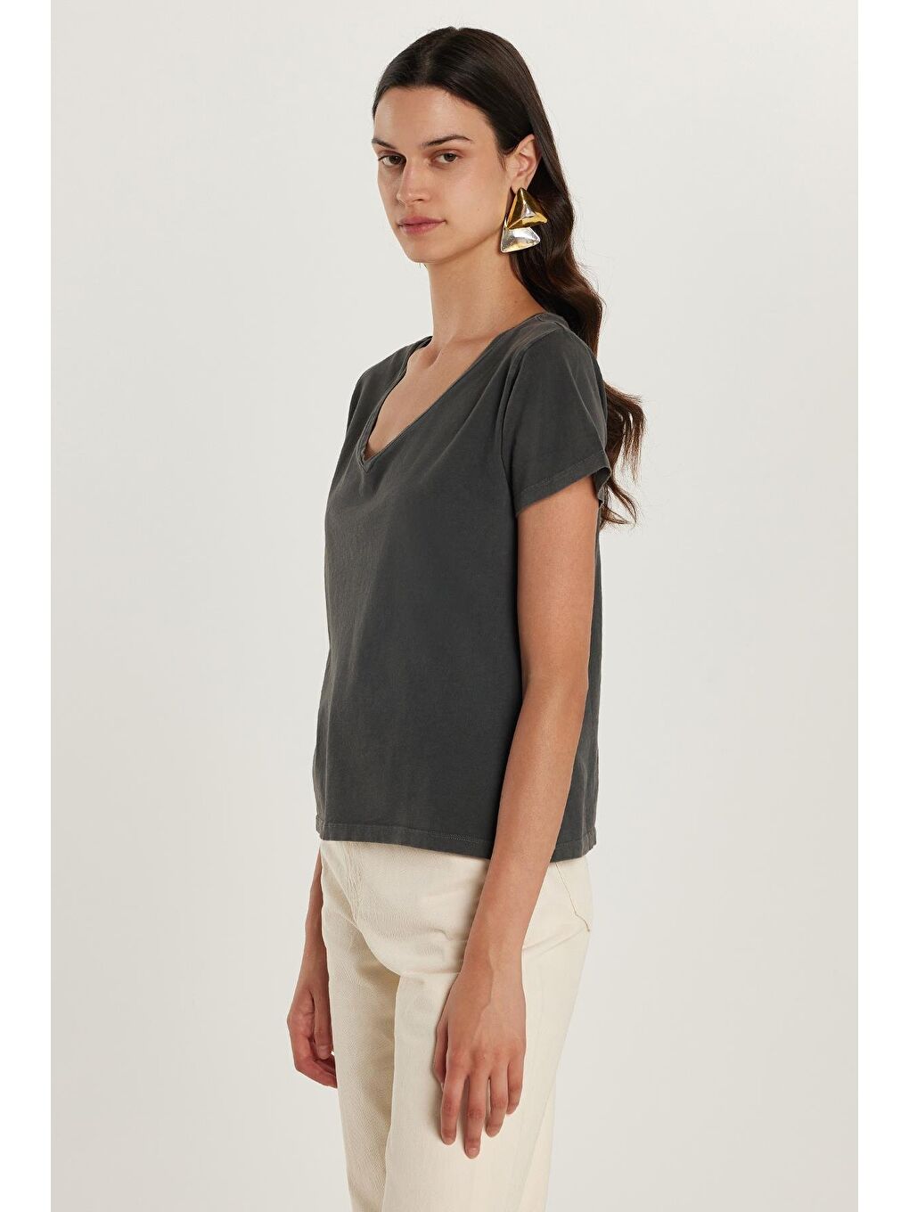 Kadın Standart Fit %100 Pamuk Kısa Kollu V Yaka Antrasit Tişört-3