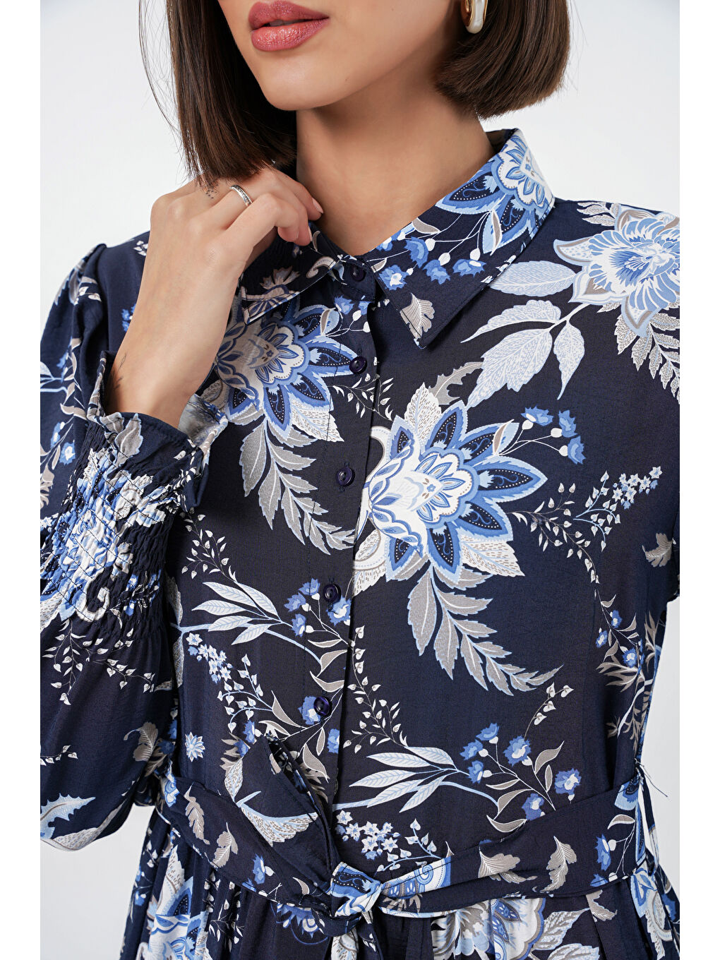 Kadın Kuşaklı Tesettür Elbise 2589 - Lacivert-3