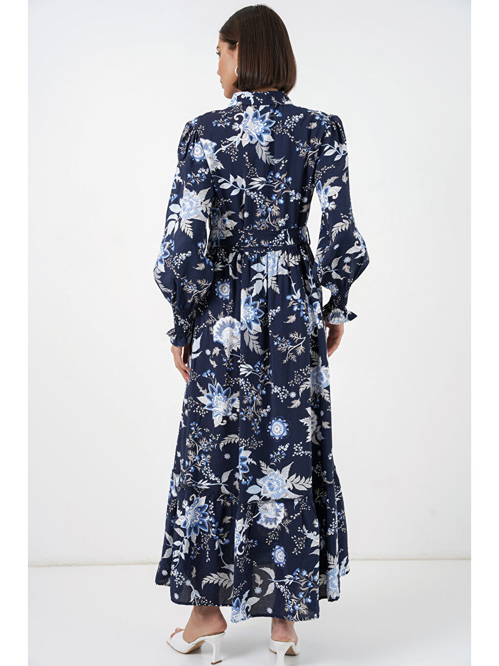 Kadın Kuşaklı Tesettür Elbise 2589 - Lacivert-4