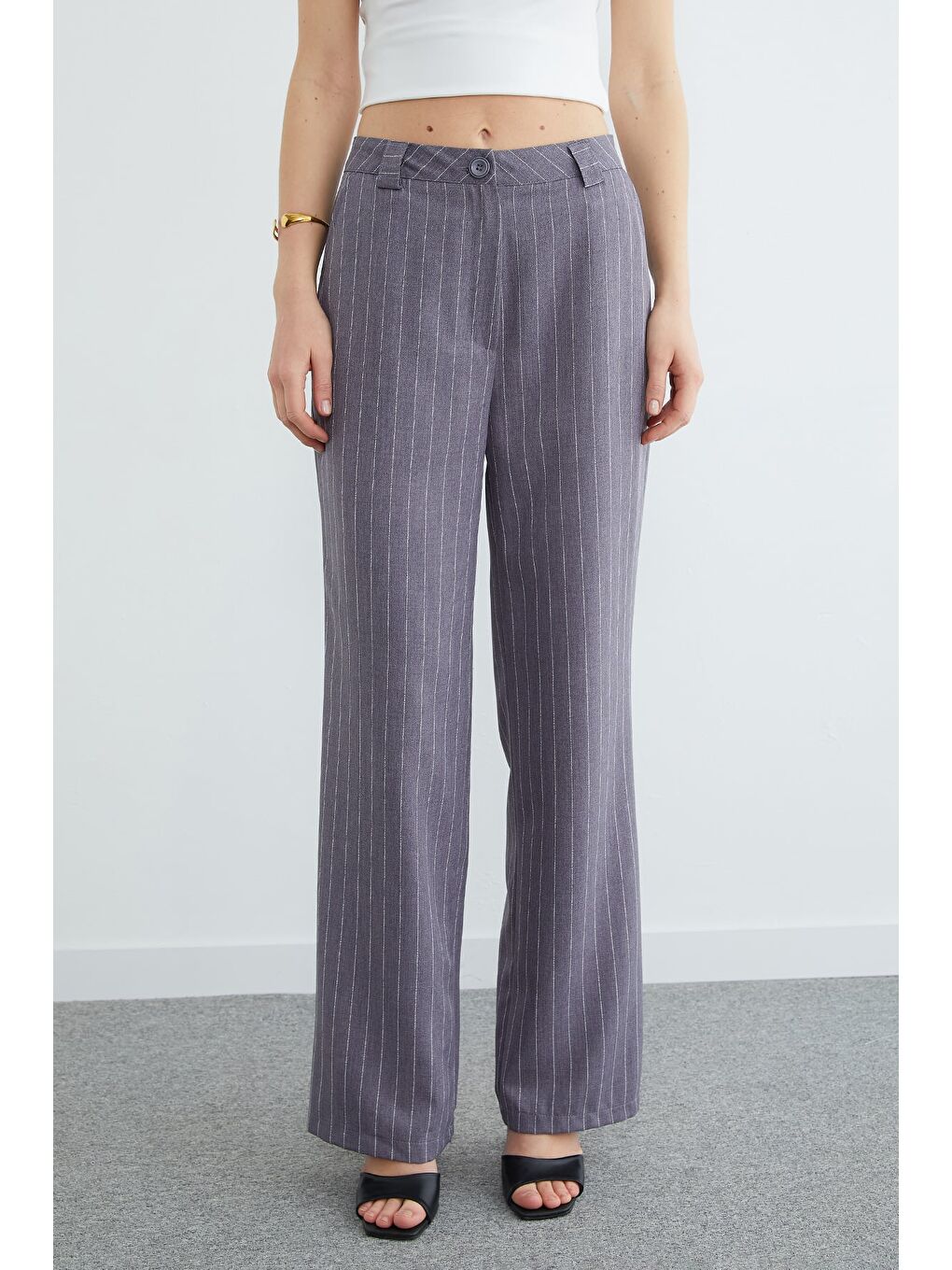 Antrasit Çizgili Yüksek Bel Palazzo Pantolon-1
