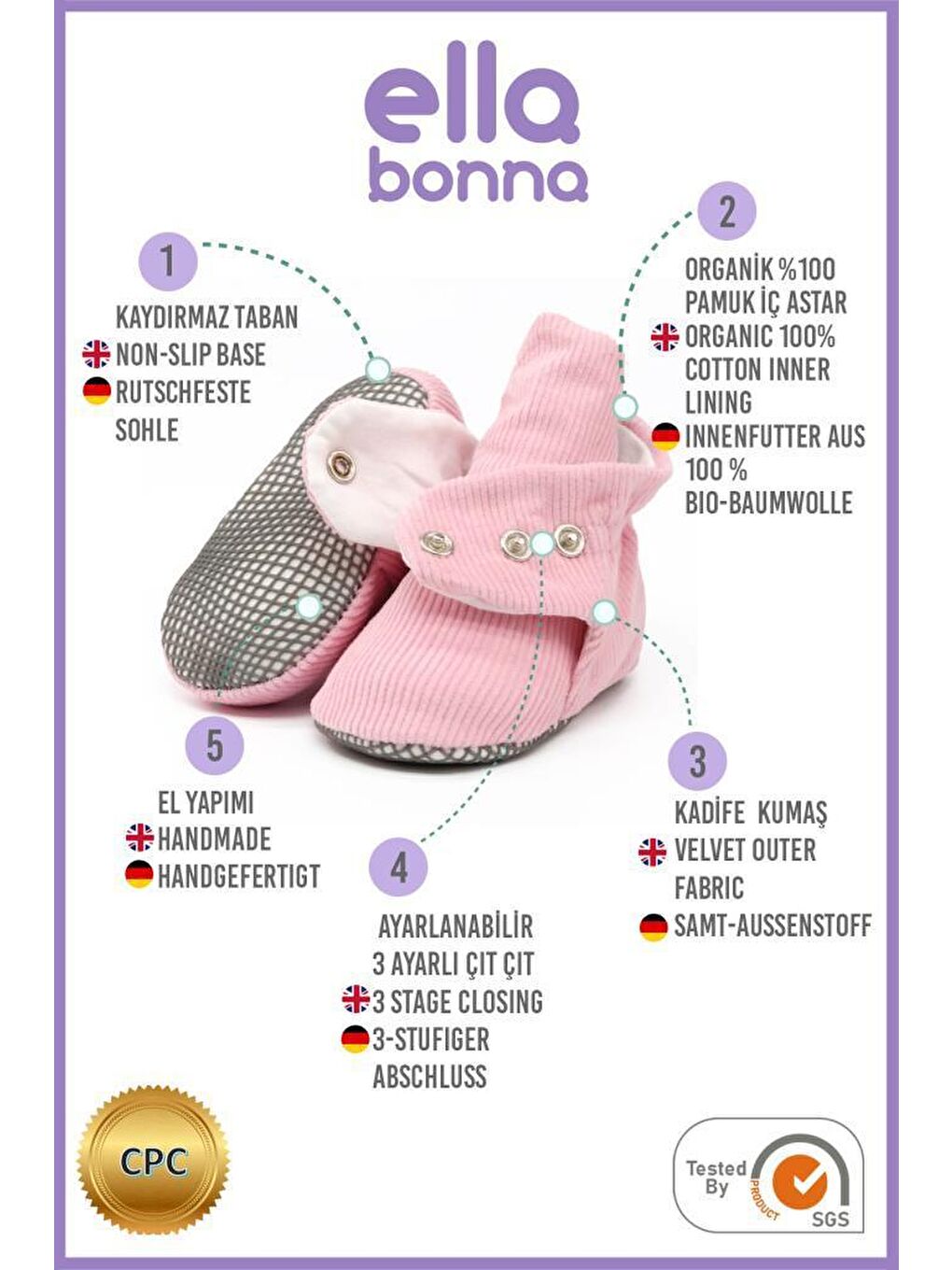Pembe Fitilli Kadife Bebek Pandufu, Kaydırmaz Taban, Çizgili Kreş Ayakkabısı, Organik Pamuk Patik-2