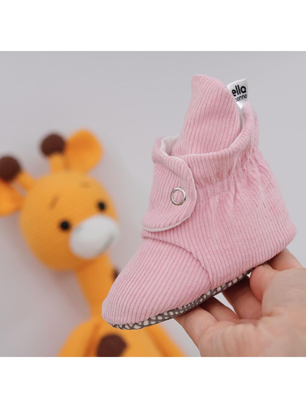 Pembe Fitilli Kadife Bebek Pandufu, Kaydırmaz Taban, Çizgili Kreş Ayakkabısı, Organik Pamuk Patik-3