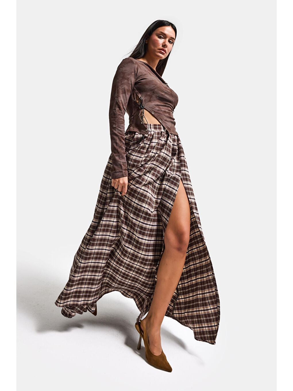 Kahverengi Kadın Kahve Ekose s6-14 Maxi Boy Yırtmaç Detaylı Pamuk Pamuk Etek-2
