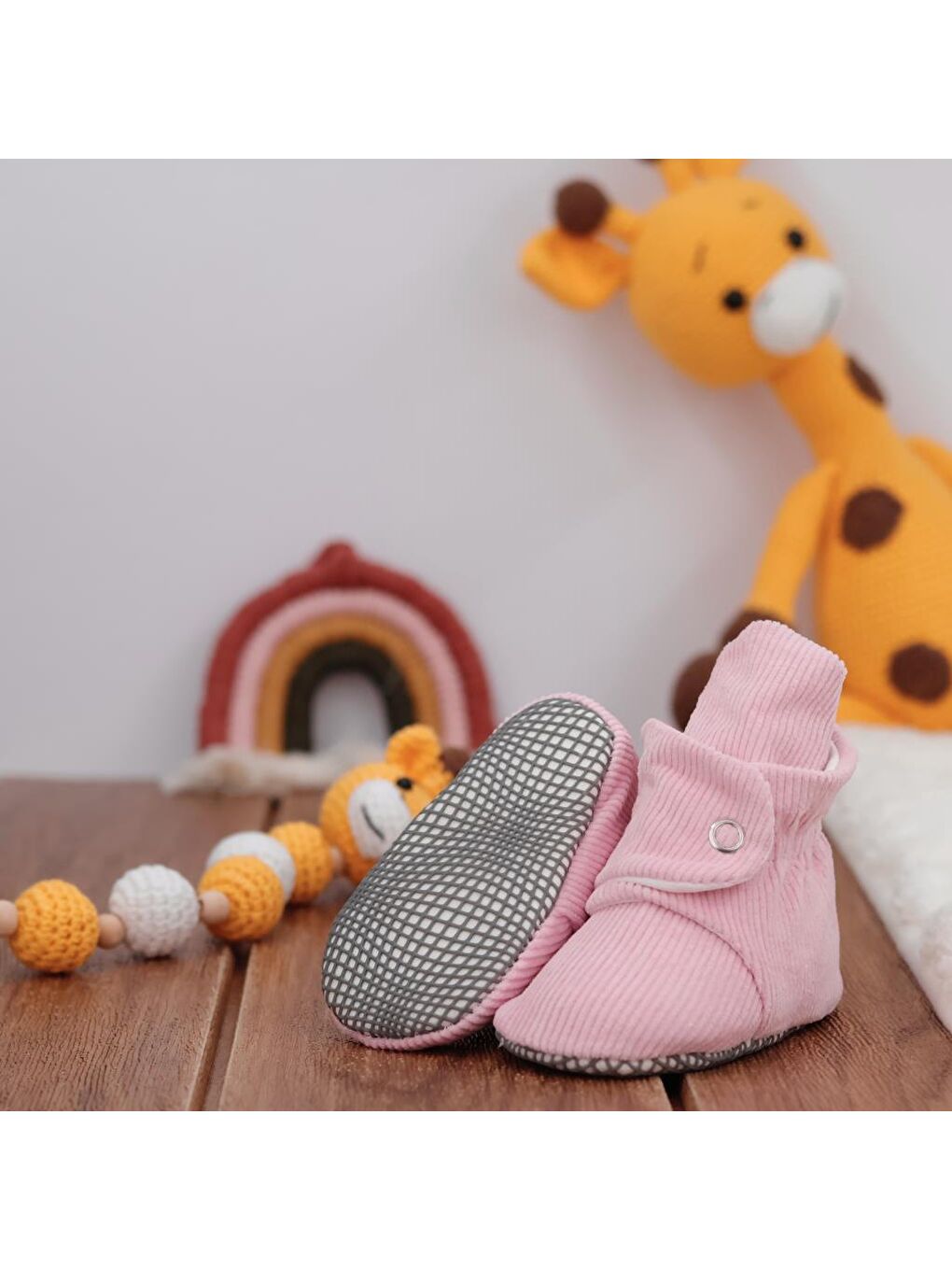 Pembe Fitilli Kadife Bebek Pandufu, Kaydırmaz Taban, Çizgili Kreş Ayakkabısı, Organik Pamuk Patik-4