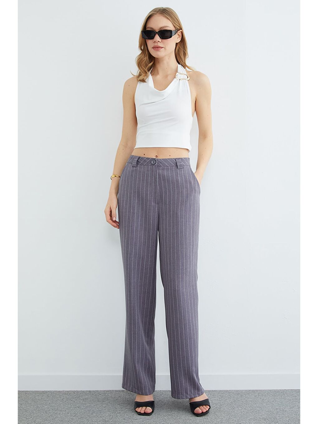 Antrasit Çizgili Yüksek Bel Palazzo Pantolon-2