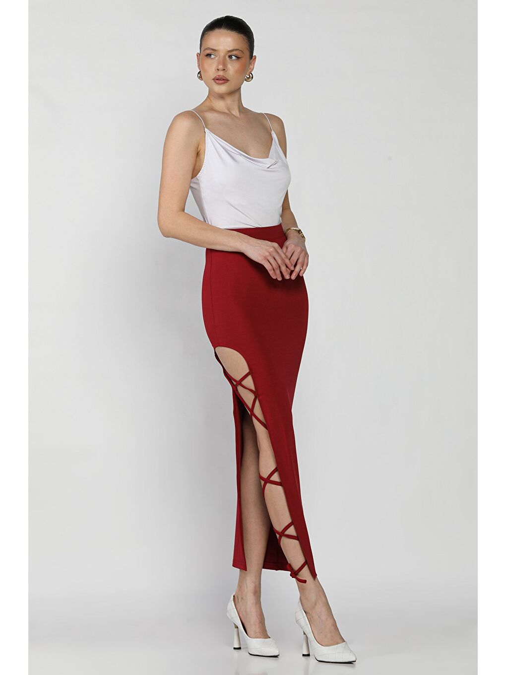 Bordo Kadın Yırtmaçlı Bağlama Detaylı Dalgıç Kumaş Etek-1