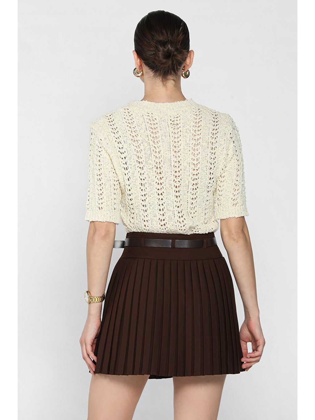 Kahverengi Kadın Bel Kemer Detaylı Pileli Şortlu Mini Etek-2