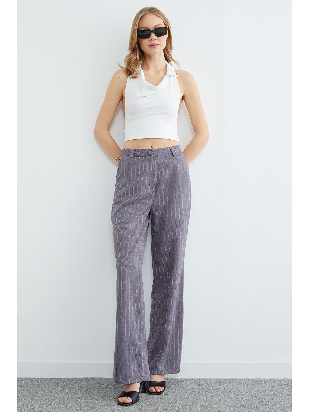 Antrasit Çizgili Yüksek Bel Palazzo Pantolon-3