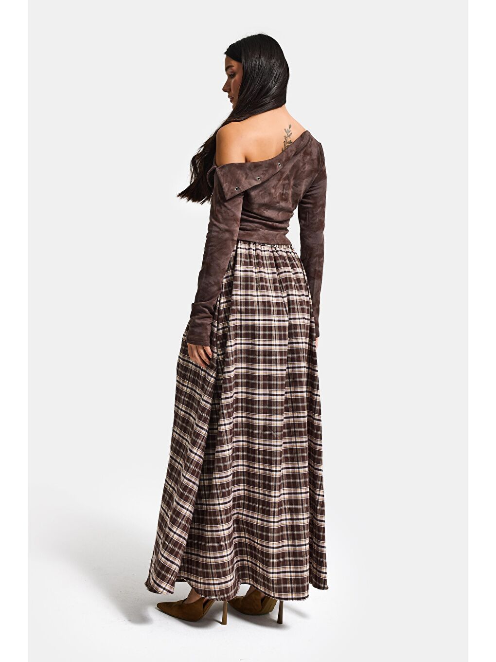 Kahverengi Kadın Kahve Ekose s6-14 Maxi Boy Yırtmaç Detaylı Pamuk Pamuk Etek-4