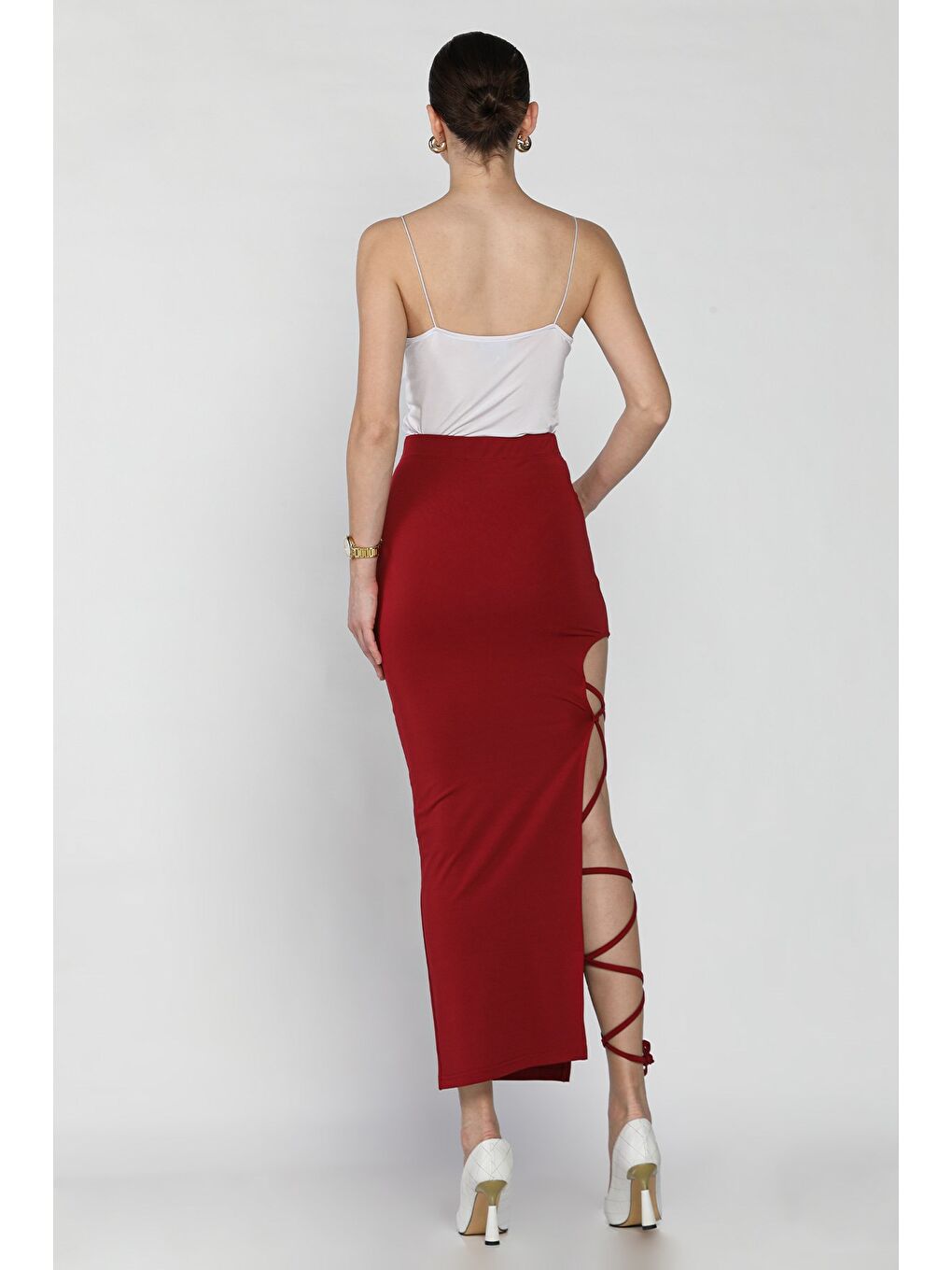 Bordo Kadın Yırtmaçlı Bağlama Detaylı Dalgıç Kumaş Etek-2