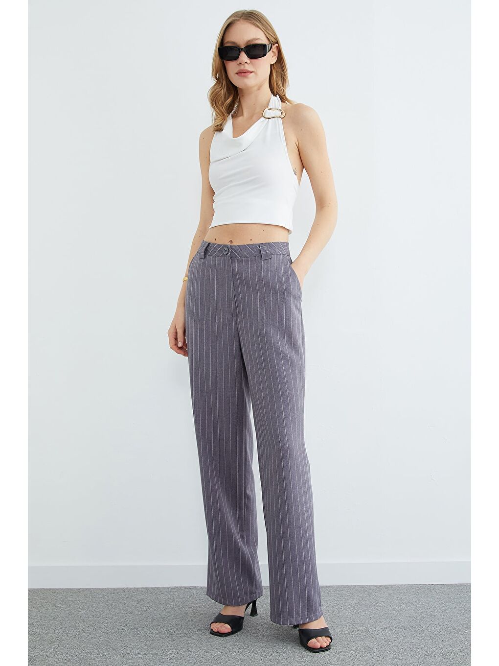 Antrasit Çizgili Yüksek Bel Palazzo Pantolon-4