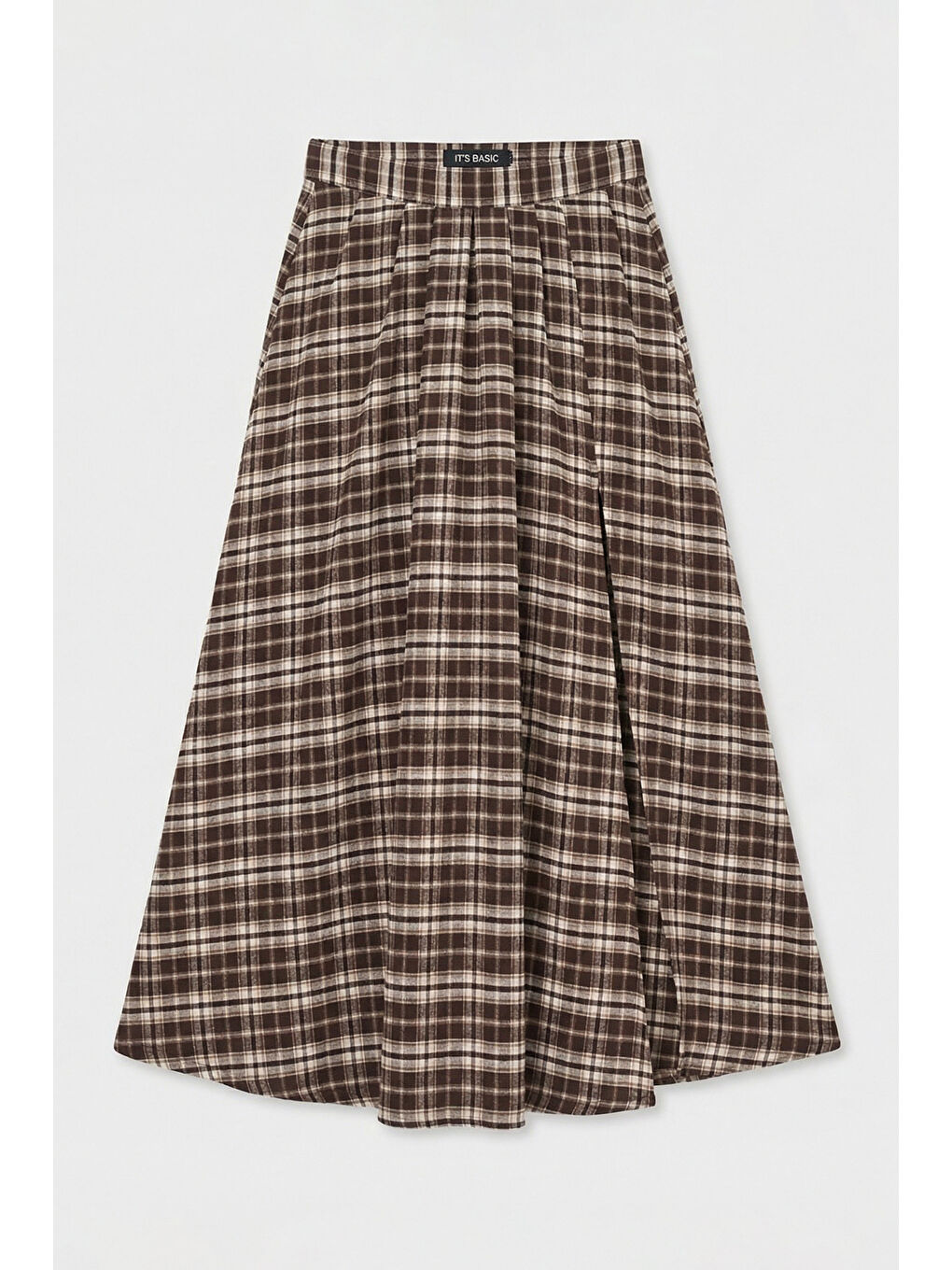 Kahverengi Kadın Kahve Ekose s6-14 Maxi Boy Yırtmaç Detaylı Pamuk Pamuk Etek-5