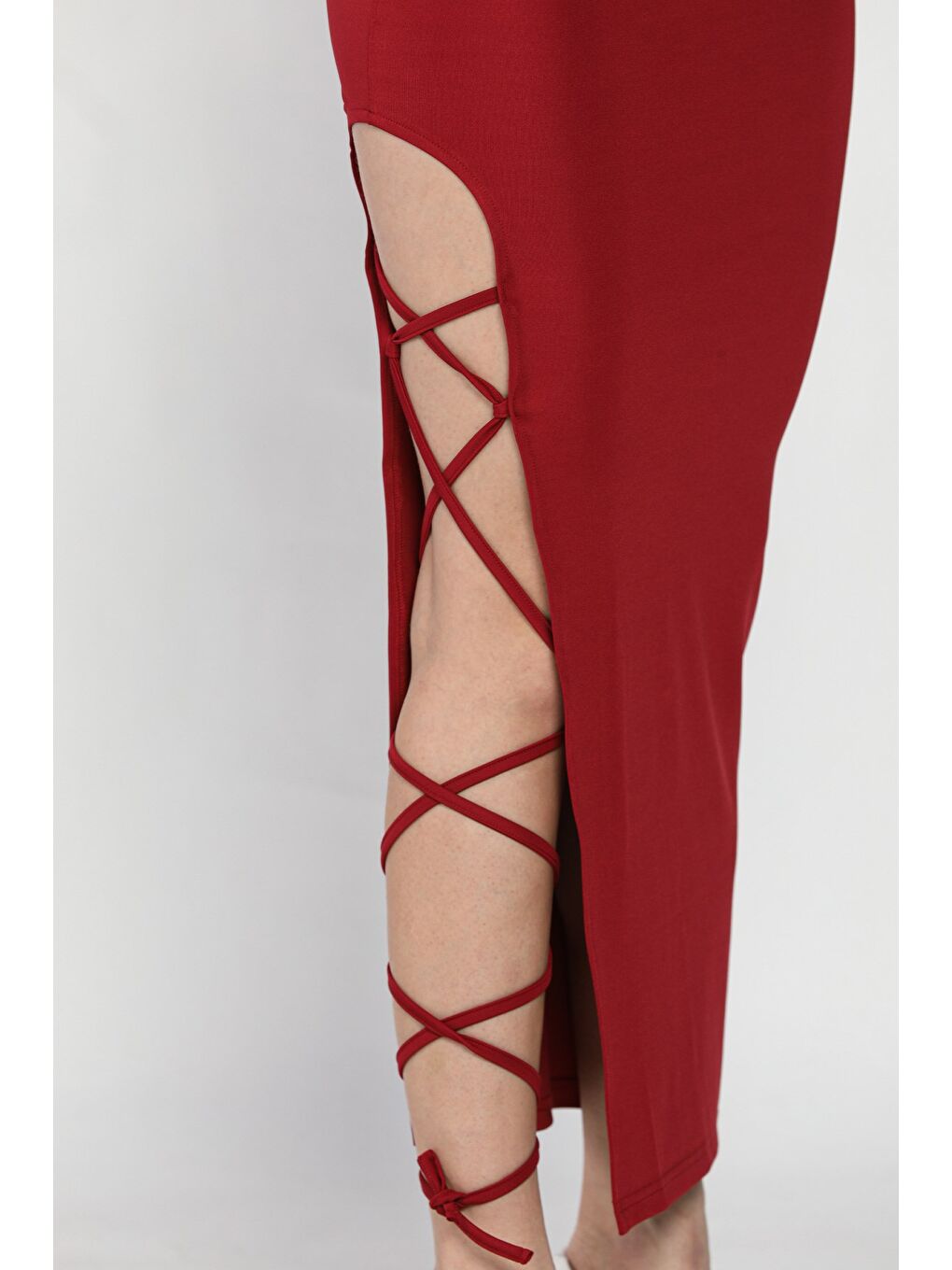 Bordo Kadın Yırtmaçlı Bağlama Detaylı Dalgıç Kumaş Etek-3