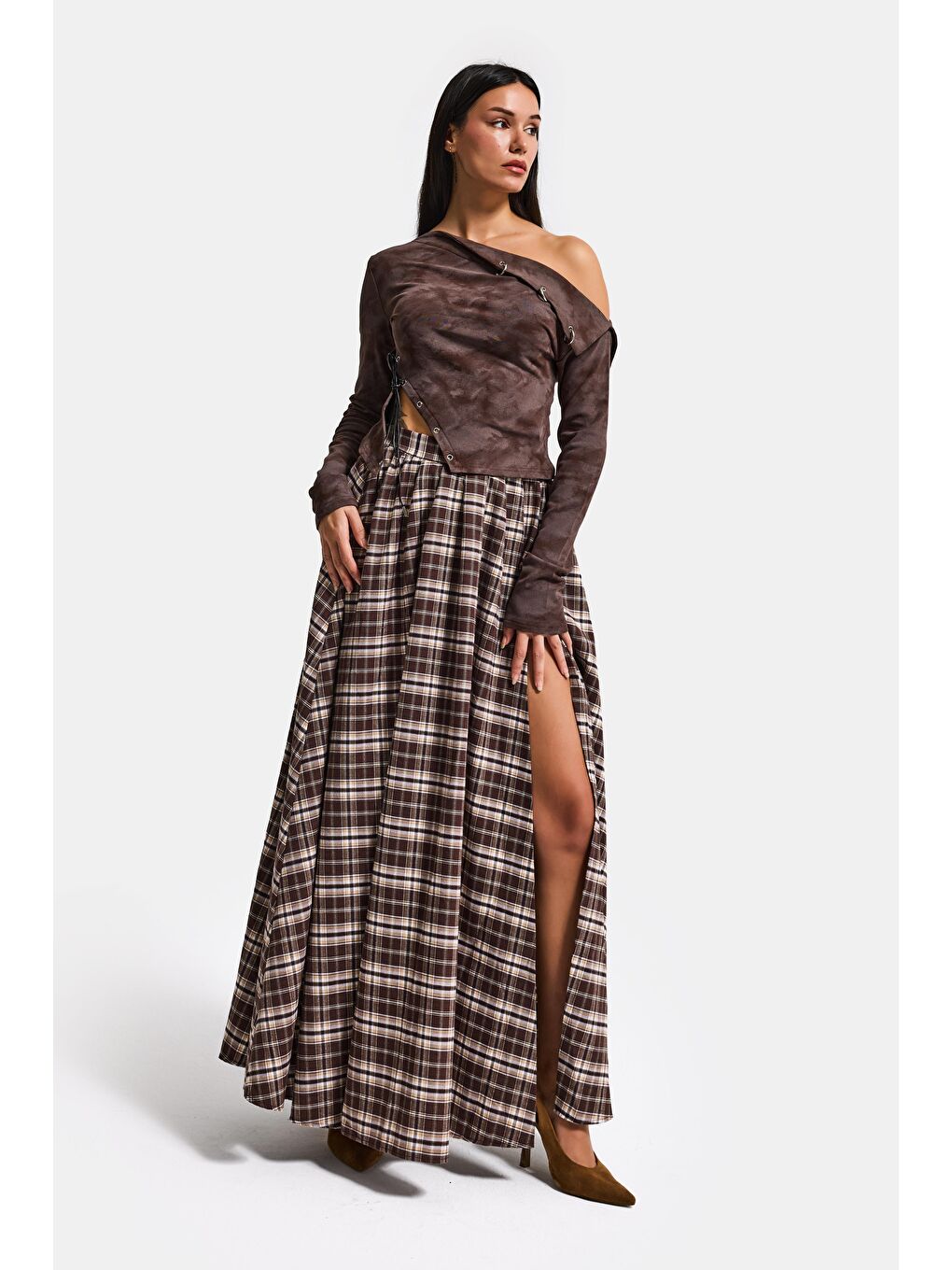 Kahverengi Kadın Kahve Ekose s6-14 Maxi Boy Yırtmaç Detaylı Pamuk Pamuk Etek-6