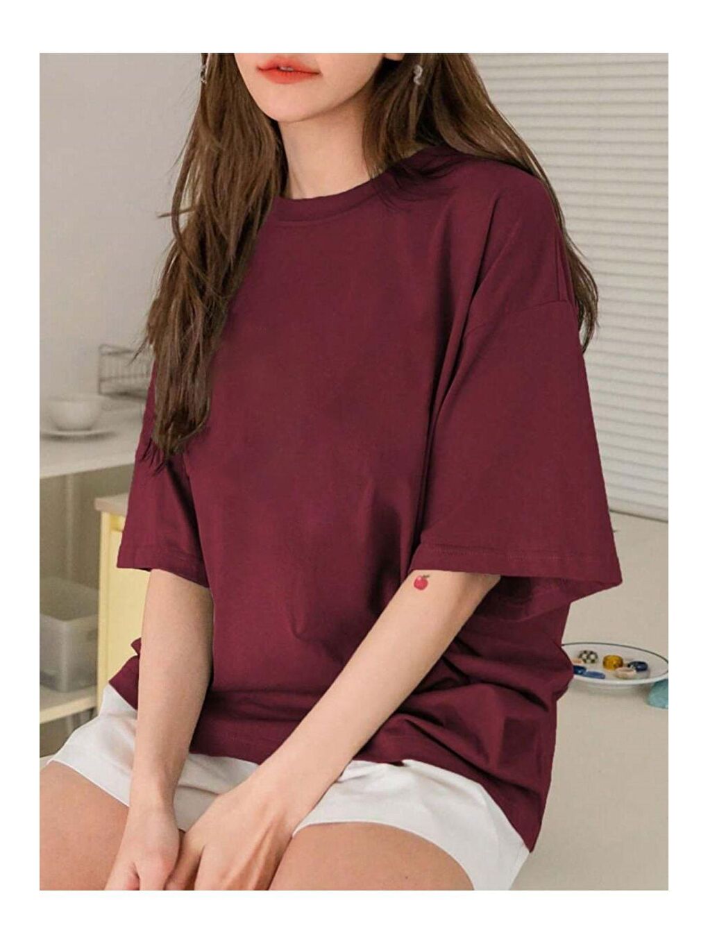 Trendseninle Bordo Kadın Bordo Dikey Kelebekler Baskılı Oversize Tişört