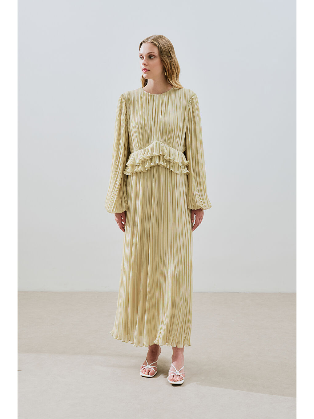 Yeşil Mila Piliseli Katlı Elbise Adaçayı-4