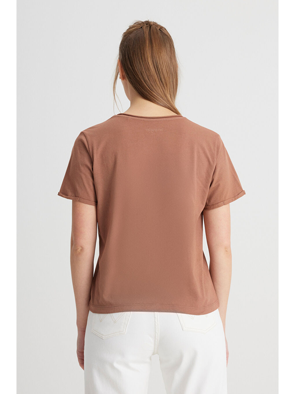 Regular Fit Normal Kesim V Yaka %100 Pamuk Açık Kahverengi Tişört-4