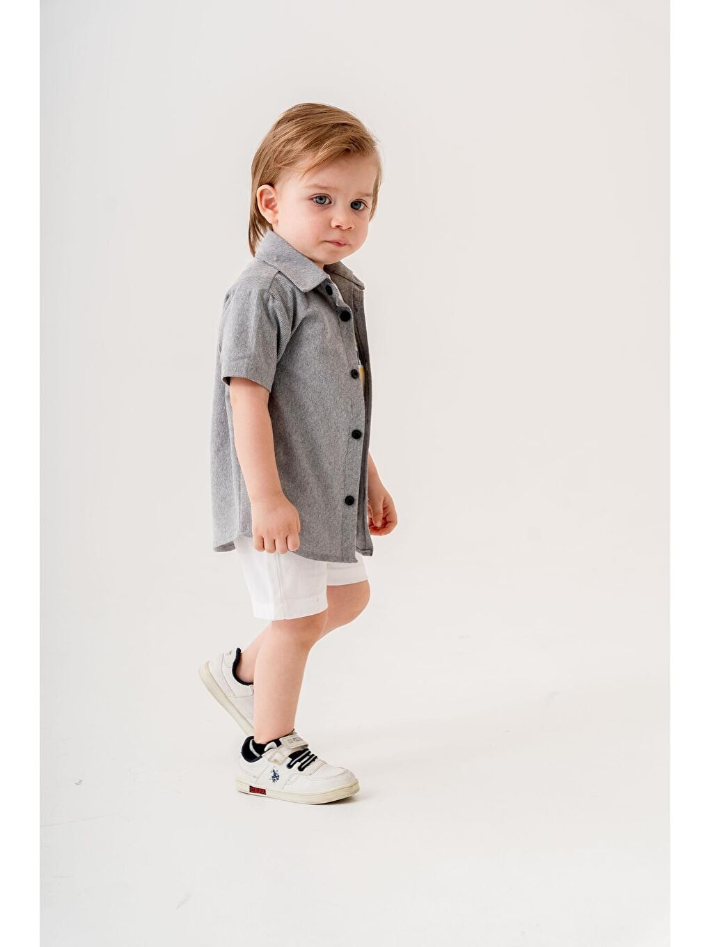 Gri Tarz Gömlekli Belden Ayarlanabilir Kısa Kollu Şortlu 3'lü Takım Bayramlık Düğünlük-1