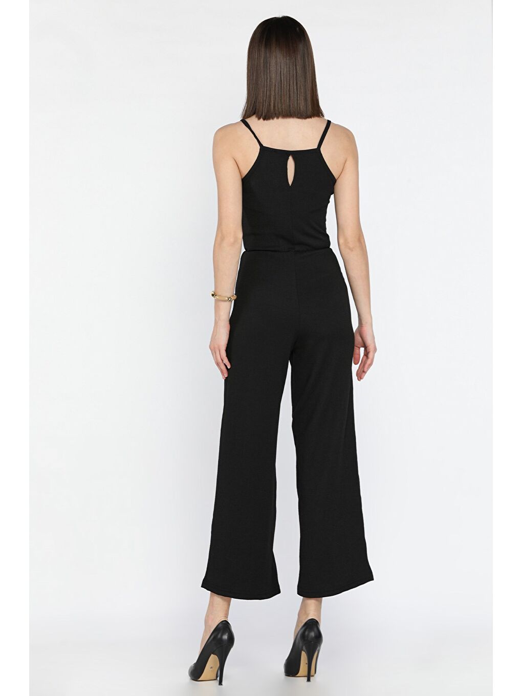 Siyah İp Askılı Bel Lastikli Kadın Tulum-2