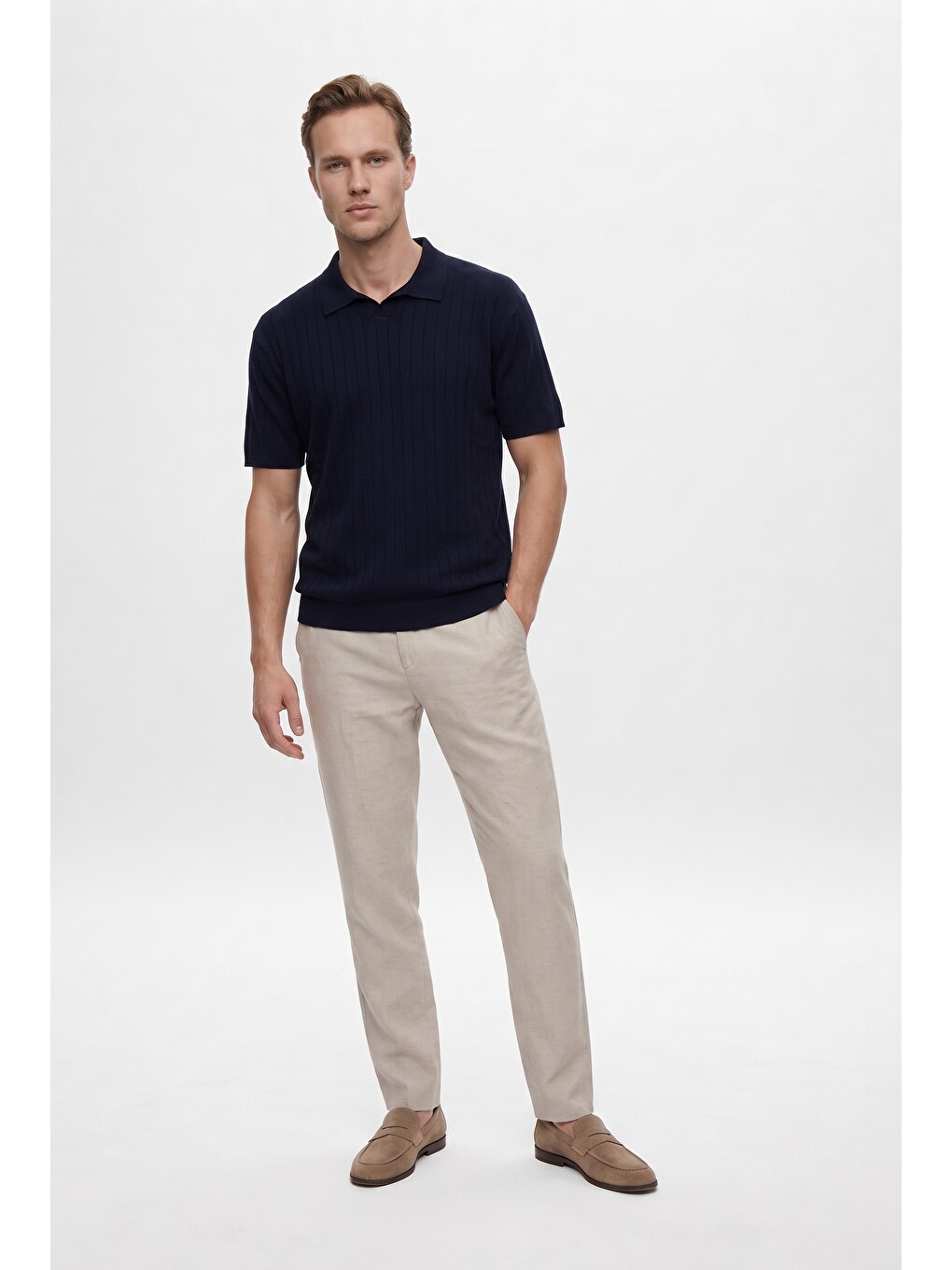Comfort Fit Bej Keten Karışımlı Chino Pantolon-2