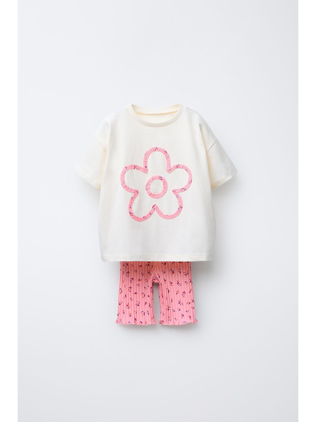 Pembe Kız Çocuk Pamuklu Ekru Desenli T-Shirt Ve Ribana Tayt Takım - Yazlık İki Parça