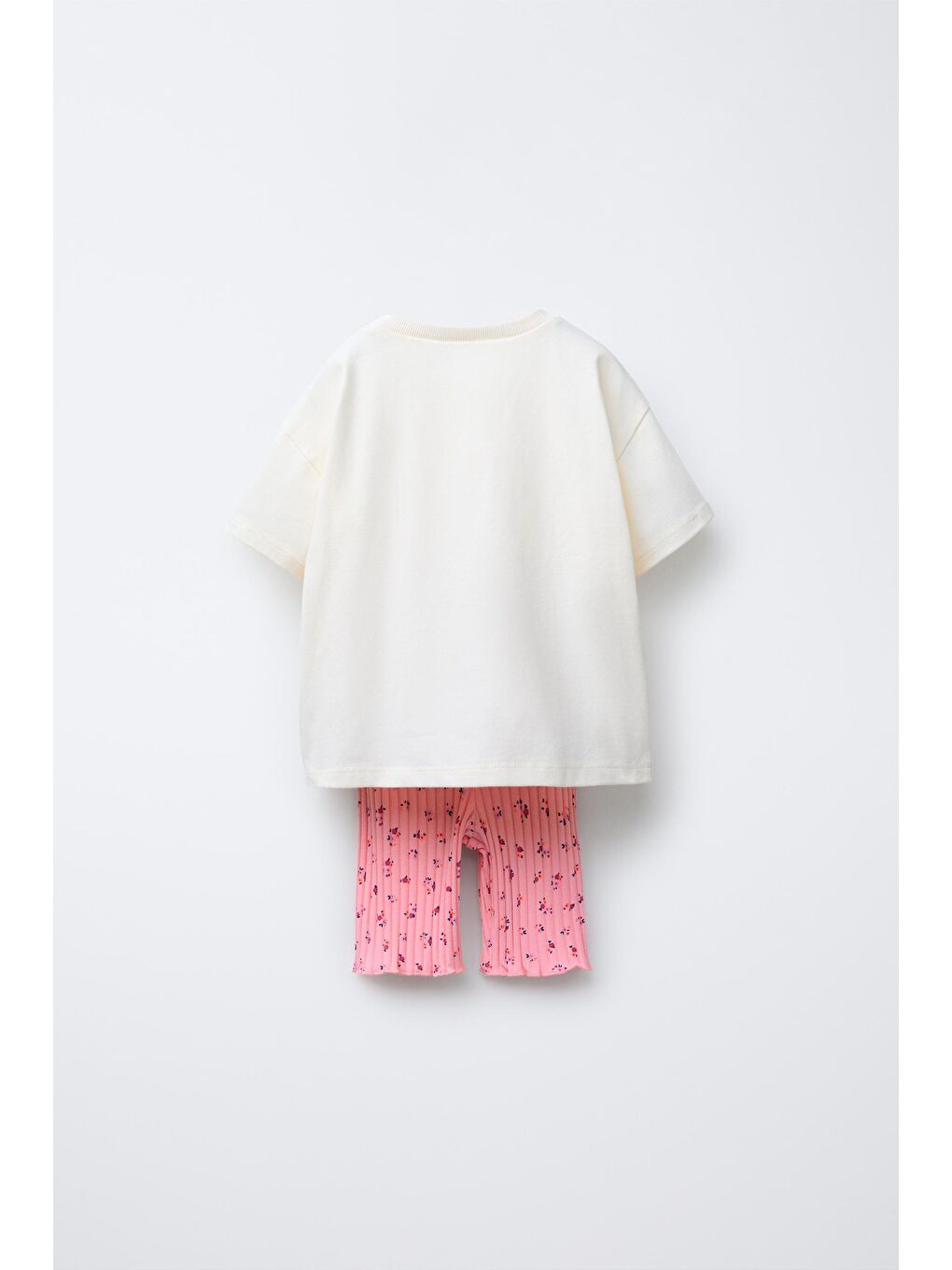 Pembe Kız Çocuk Pamuklu Ekru Desenli T-Shirt Ve Ribana Tayt Takım - Yazlık İki Parça-1