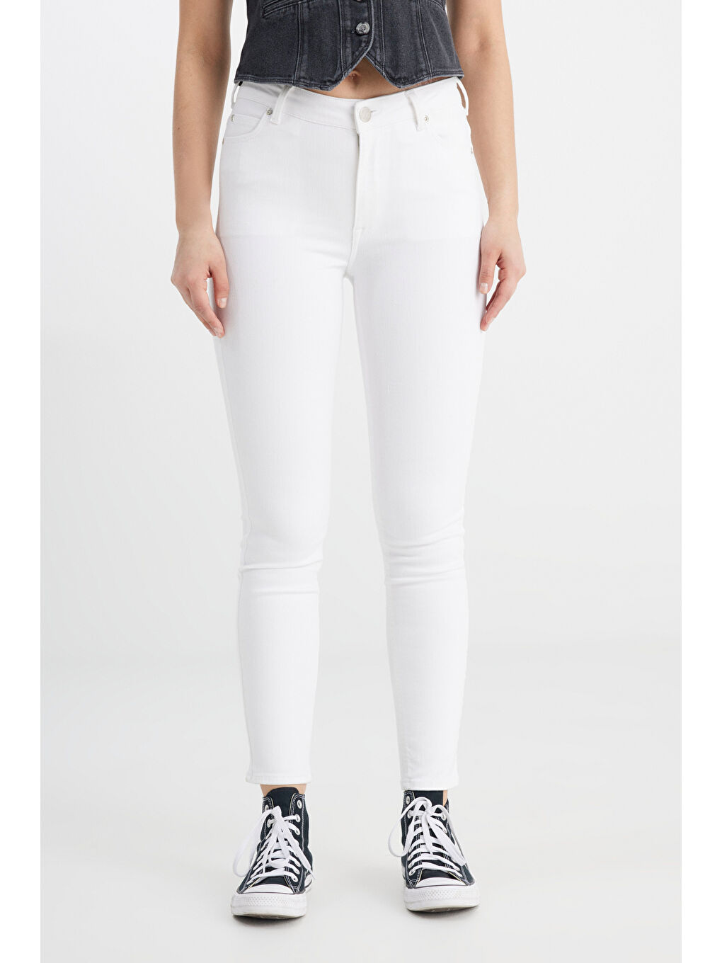 Beyaz Skinny Fit Yüksek Bel Çok Dar Paça Jean Pantolon-5