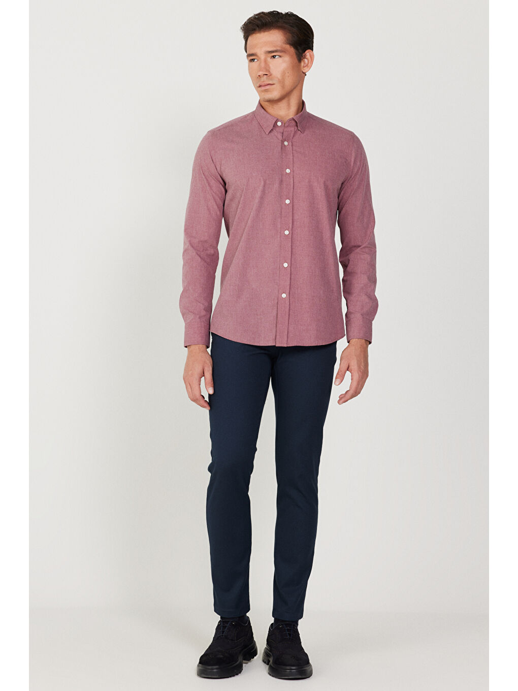 Erkek Kırmızı Slim Fit Dar Kesim Gizli Düğme Yaka Gömlek-1