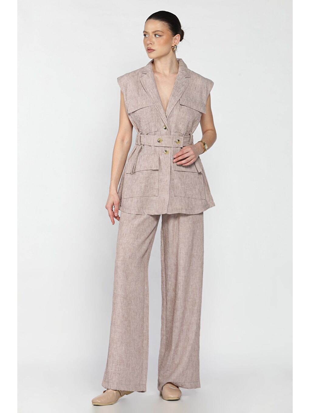 Bej Kadın Bel Kuşaklı Yelek Pantolon İkili Takım